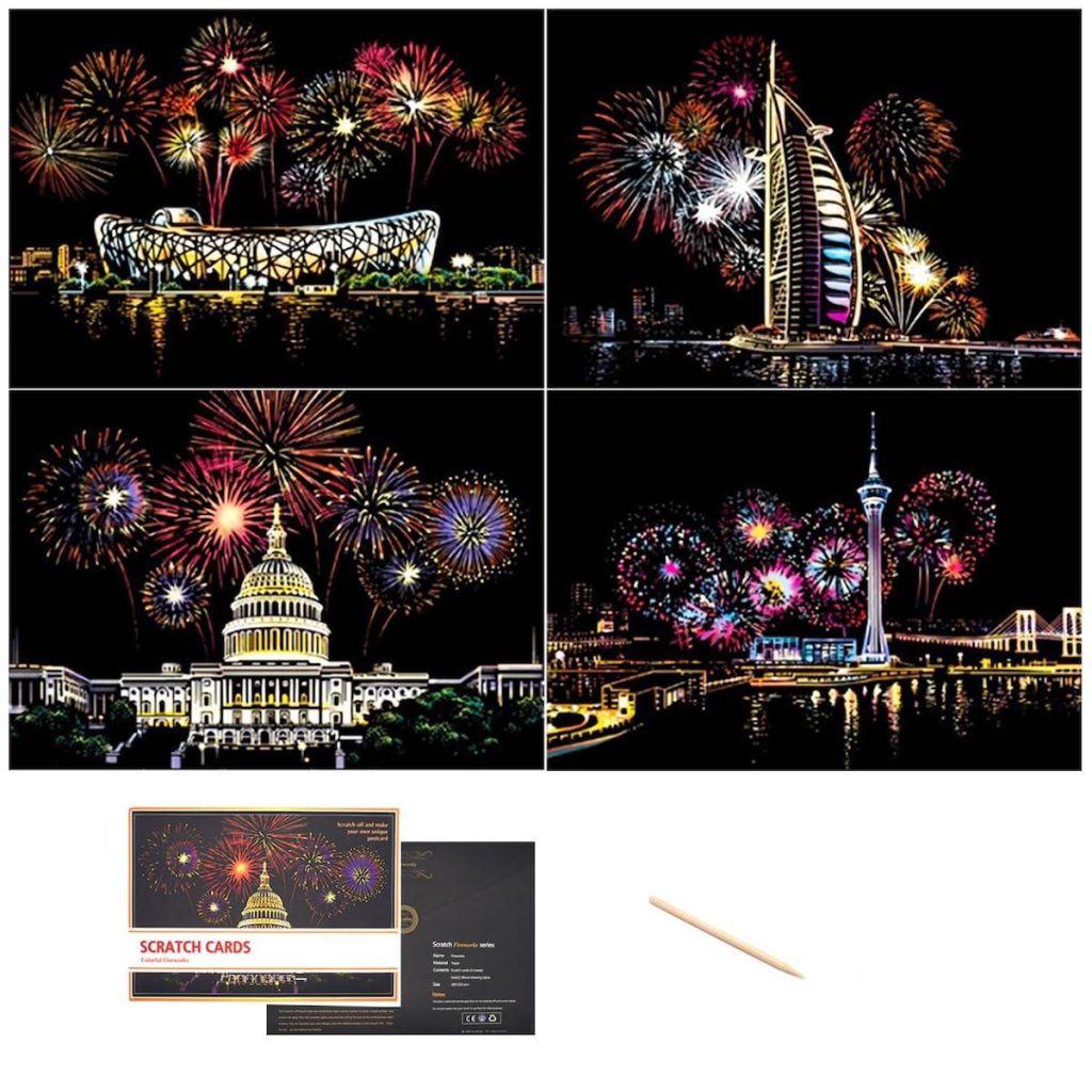 نقاشی-خراشیدنی-اسکرچ آرت-عددی-سایز-a4-طرح-آتش-بازی3-با-قلم-چوبی