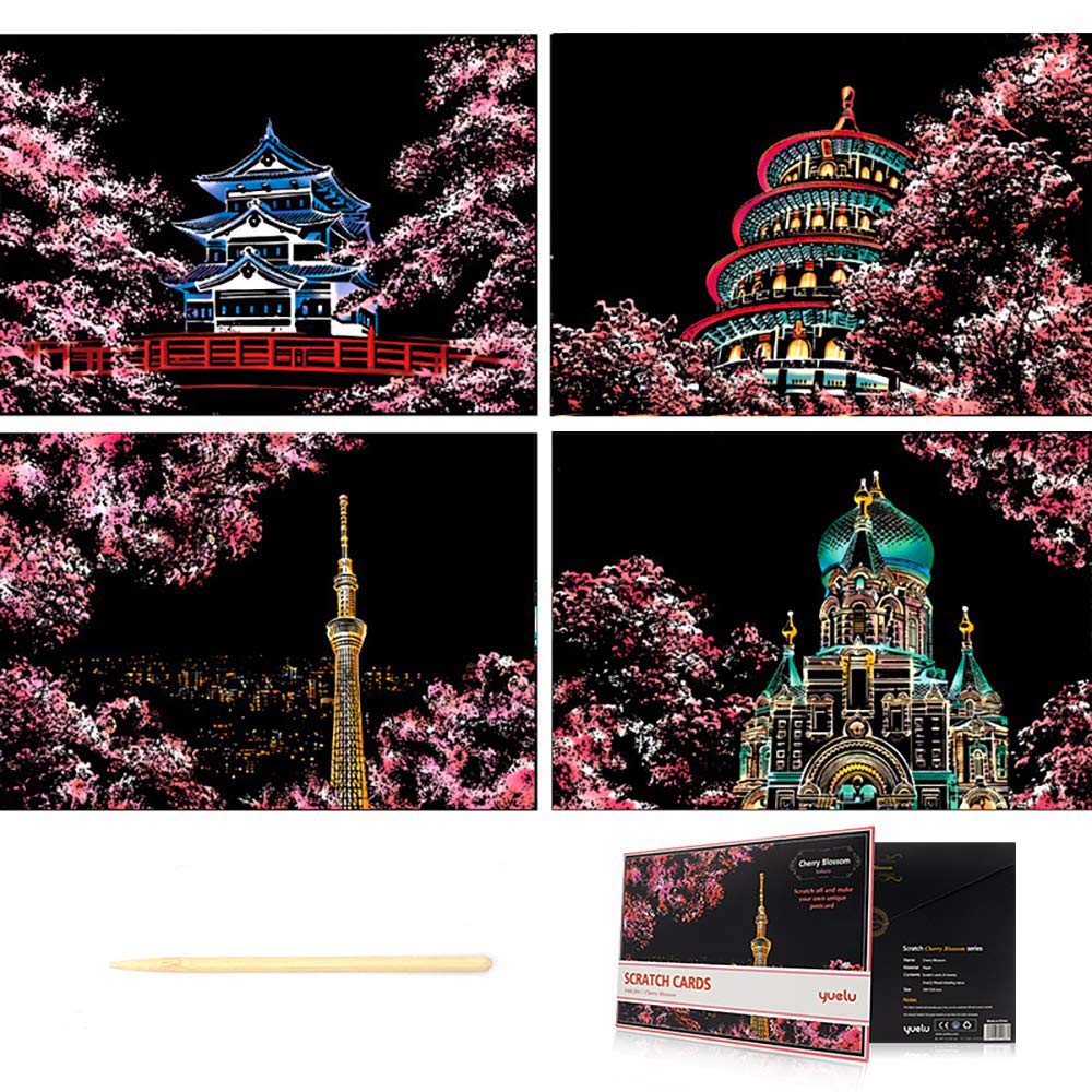 نقاشی-خراشیدنی-اسکرچ آرت-عددی-سایز-a4-طرح-ساکورا شکوفه گیلاس -با-قلم-چوبی