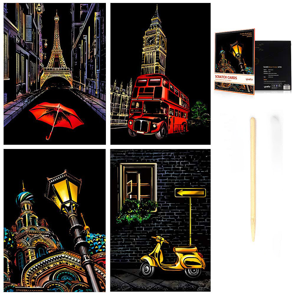 نقاشی-خراشیدنی-اسکرچ آرت-عددی-سایز-a4-طرح-سفر در شهر 3-با-قلم-چوبی