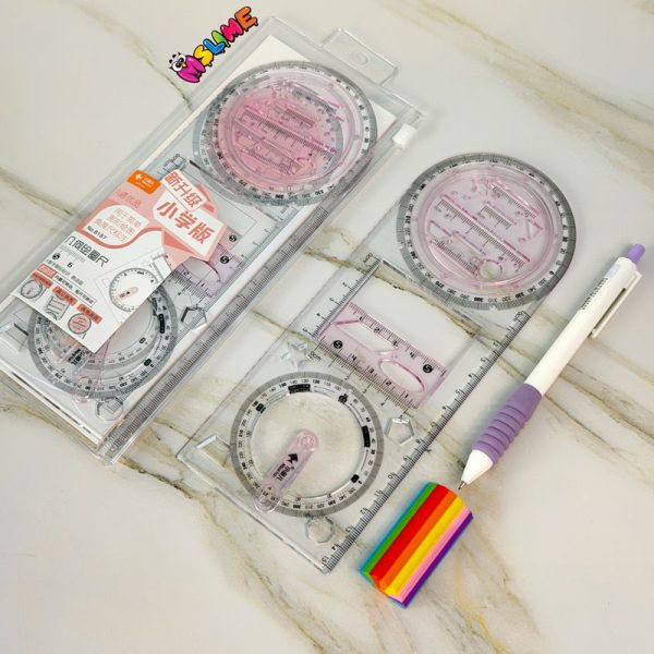 خط‌کش هندسی چندکاره شفاف با ابزار رسم دایره و اشکال هندسی،