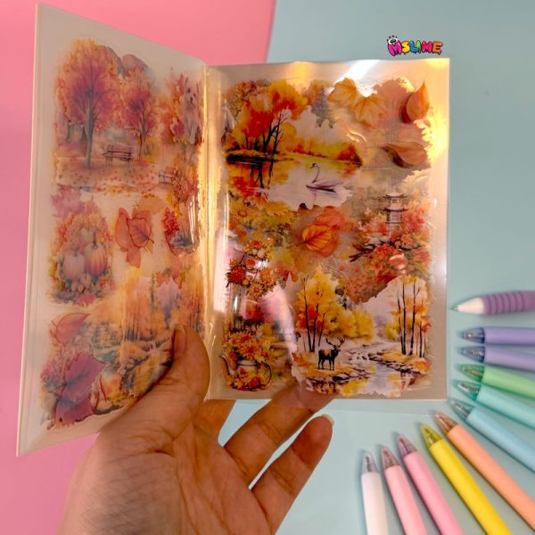 دفترچه استیکر شفاف وینتیج PET – استیکر دکوری فانتزی در 4 تم رنگی صورتی، آبی، بنفش و نارنجی مناسب تزئین دفتر و پلنر