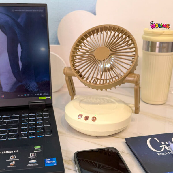 پنکه رومیزی شارژی چرخشی با بک لایت LED | فن تاشو ۳ سرعته با چرخش خودکار