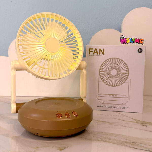پنکه رومیزی شارژی چرخشی با بک لایت LED | فن تاشو ۳ سرعته با چرخش خودکار